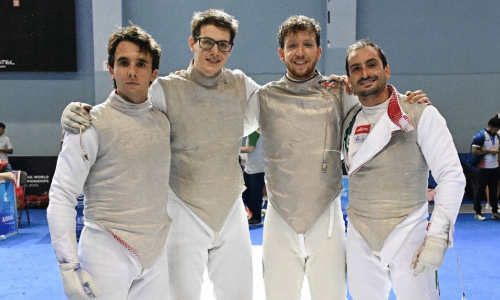 Paulo Morais, Pedro Marostega, Dominic de Almeida e Guilherme Toldo no Mundial de Esgrima